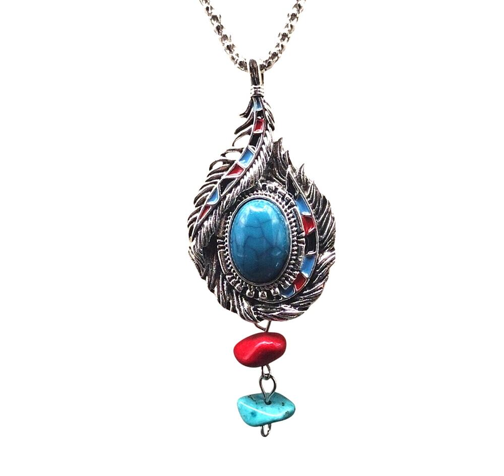 NWOT Feather Necklace Silver Plated Turquoise Pendant Red Accent Boho Statement
